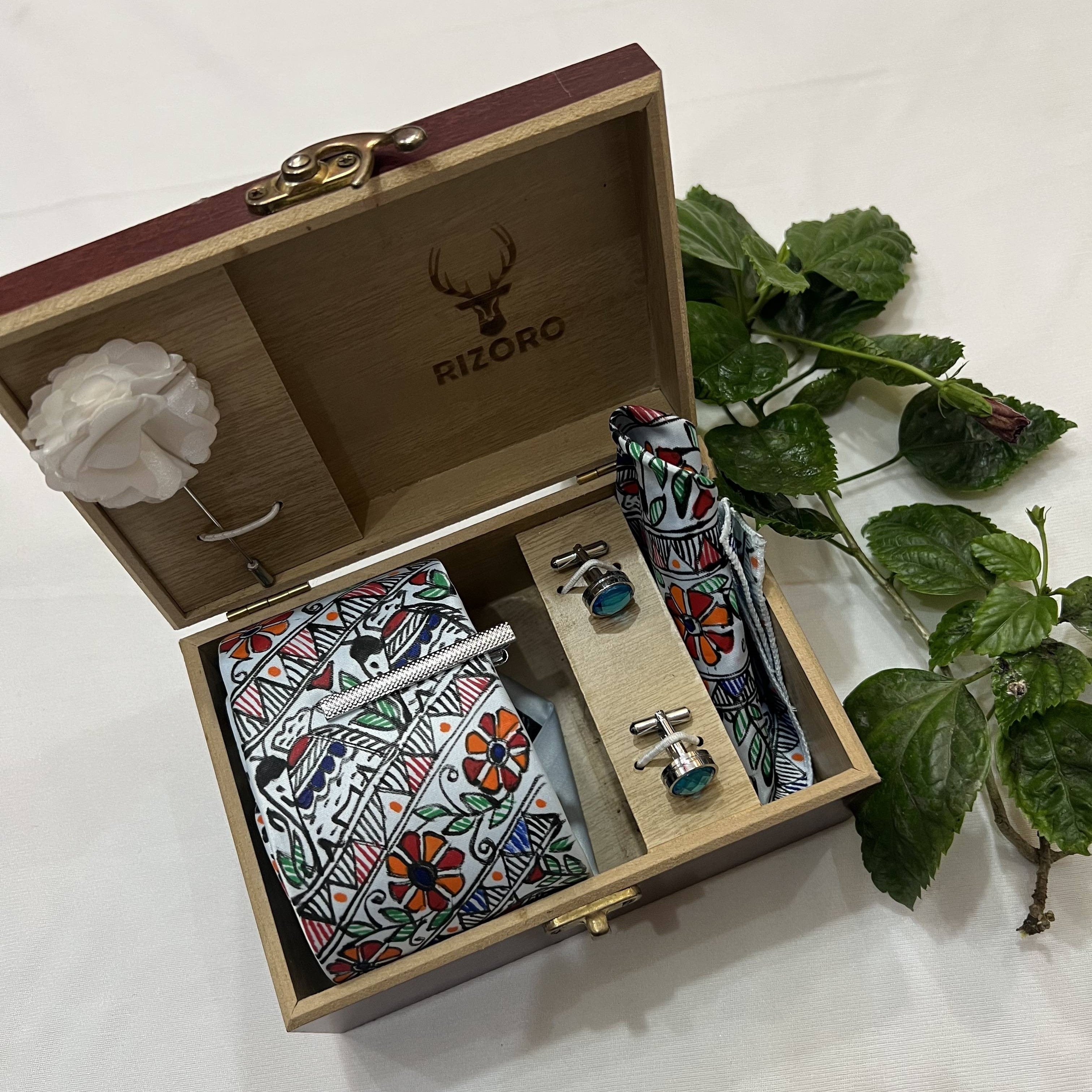 Handpainted Madhubani Silk Tie Set – Light Blue with Elephant & Floral Motifs